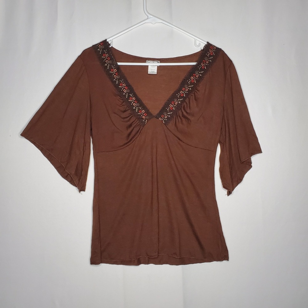 Vintage Rave Flare Sleeve Empire Top XL Jr Brown Embroidered Forest Fairy Grunge
